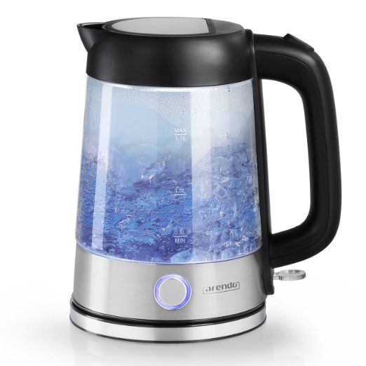 Arendo - stainless steel-glass kettle with blue interior LED-illumination  stainless steel-glass body STRIX-controller  integrated chalk filter  17 litres  2200W  automatic shut-off  One-Touch-closure