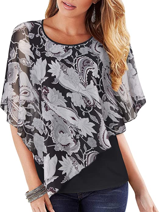 Lotusmile Women's Lightweight Flowy Shirt Double-Layered Printed Chiffon Poncho Blouse Top