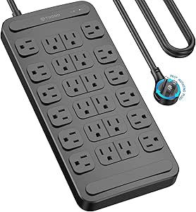 TROND Surge Protector Power Strip 360° Rotating Flat Plug, 24 AC Outlets, 4000 Joules, 6ft Heavy Duty Extension Cord 1875W, ETL Listed, Ideal for Gaming Office Home Dorm Room Essentials Black