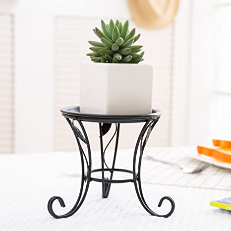 5-Inch Black Iron Scrollwork Design Desktop Plant Stand, Tabletop Pillar Candleholder