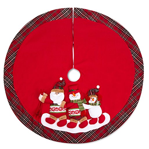 iPEGTOP 42" Christmas Tree Skirt - Xmas Tree Skirts Holiday Decoration Happy Skiing Santa & Snowman, Red Non-woven Tartan Rim