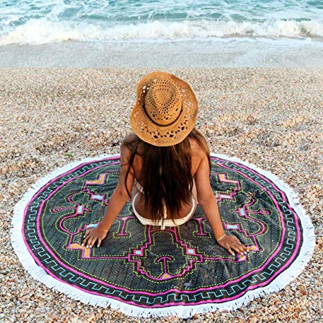 Mandala Life ART 2019-59 inches - Shipibo Tribal Psychedelic Bohemian Round Terry Cotton Beach Towel - Luxury Fringes - Made in Turkey