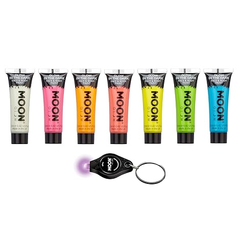 Moon Glow – Glow in the Dark Face & Body Paint - 0.42oz Set of 7 – Phosphorescent - Charge to Glow - Blacklight Keyring included