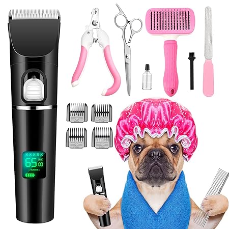 Dog Clippers, Dog Grooming Kit Low Noise Electric LED Pet Hair Trimmers, Professional Rechargeable Dog Shaver Shears with Self-Cleaning Brush, Comb, Scissors, Nail Clippers for Dogs Cats and Others
