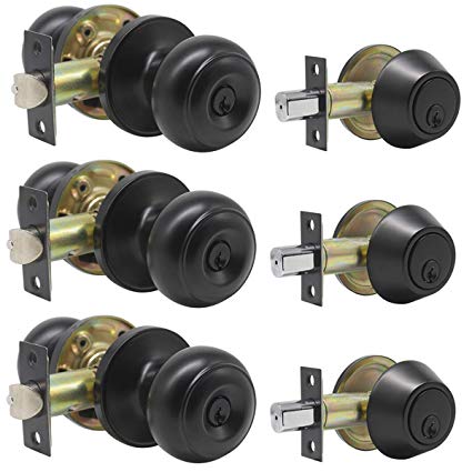 3 Pack Keyed Alike Entry Door Knobs and Single Cylinder Deadbolt Lock Combo Set Security for Entrance and Front Door with Classic Matte Black Finish