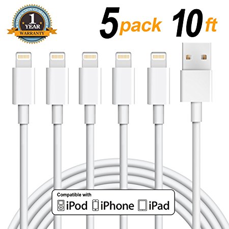 Sundix iPhone Charger 5Pack 10FT Extra Long Lightning Cable 8 Pin iPhone Charging Cord Compatible with iPhone X 8/8Plus 7/7 Plus/6s/6s Plus/6/6 Plus/5s/5c/5/SE, iPad/iPod (White)