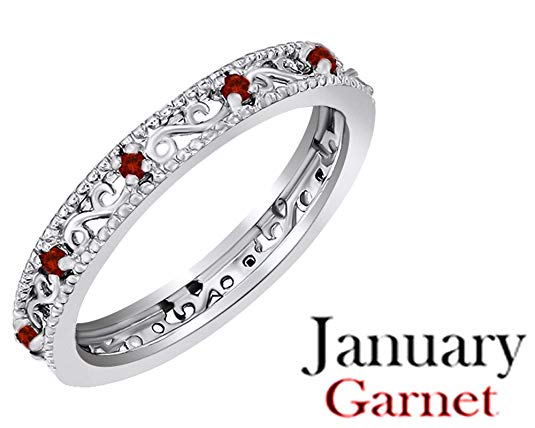 Jewel Zone US Round Cut Simulated Red Garnet Stackable Ring in 14K Gold Over Sterling Silver