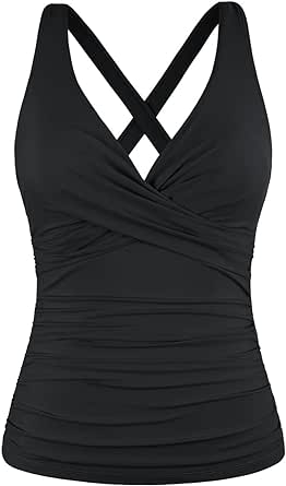 Hilor Women's Underwire Tankini Top Tummy Control Bathing Suits Sexy V Neck Crossover Swim Top Only