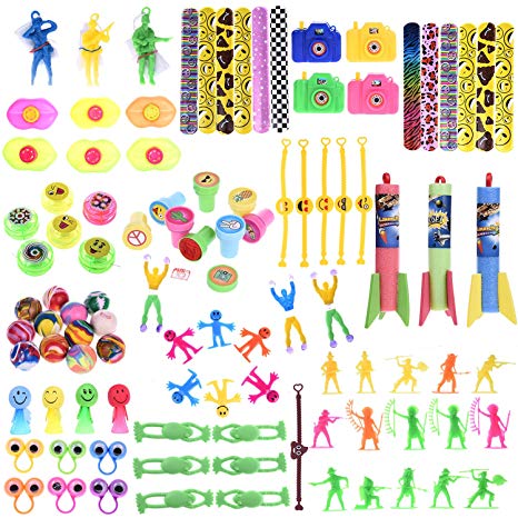 100Pcs Assortment Mini Toys Christmas Party Favor Boxes Including Slap Bracelets, Mini Cameras,Stamps,Yo-Yos and More for Christmas Goody Bags, Pinata Fillers,Classroom Treasure Box Prizes