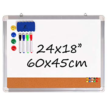 Combination Whiteboard Bulletin Board Set - Dry Erase / Cork Board 24 x 18"   1 Magnetic Eraser, 4 Colourful Dry Wipe Pens, 4 Magnets and 10 Pins - Small Combo White Tack Board for Home and Office