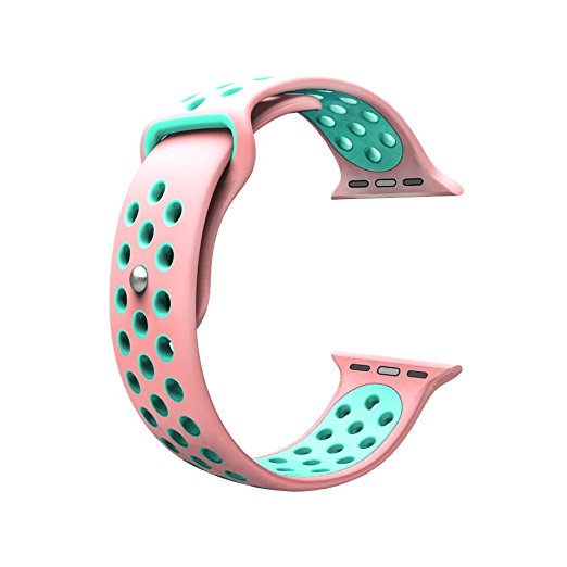 For Apple Watch Band, Wearlizer Soft Silicone Sport Replacement Strap for both Series 1 and Series 2 - 38mm Pink and Green