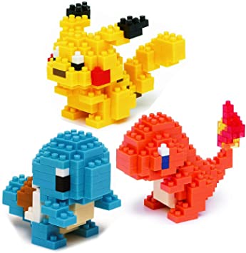 Nanoblock Building Blocks Pokemon Pikachu (130pcs), Charmander (120pcs) & Squirtle (120pcs) Gift Set Bundle - 3 Pack