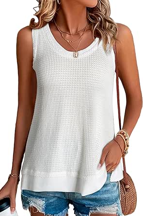 EVALESS Waffle Knit Tank Top for Women Summer 2024 Trendy Oversized Scoop Neck Sleeveless Tops