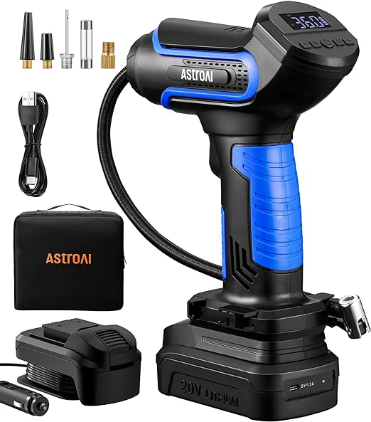 AstroAI Tire Inflator Air Compressor Cordless Car Tire Pump with 20V Rechargeable Li-ion Battery 150 PSI Portable Handheld Air Pump with 12 V Car Power Adapter for Cars Motorcycles LS40791（C1）