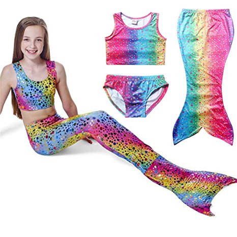 PGXT Girl's 3pcs Mermaid Tail Rainbow Princess Bikini Swimsuit Swimwear
