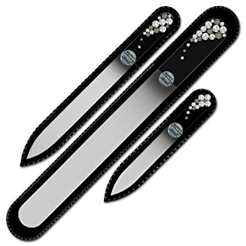 Set of 3 Glass Nail Files Hand Decorated with Swarovski Elements, in Black Velvet Sleeve, Genuine Czech Tempered Glass, Lifetime Guarantee, Hand-Made Crystal Nail Files