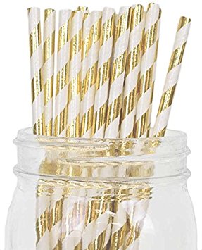 Just Artifacts - Decorative Paper Straws 100pcs - Striped Pattern - Metallic Gold - Decorative Paper Straws for Birthday Parties, Weddings, Baby Showers, and Life Celebrations! …