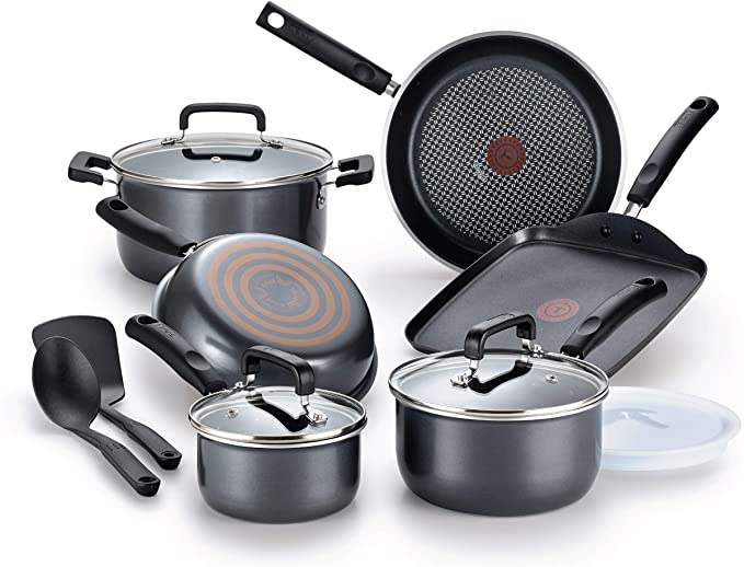 T-fal Signature Titanium Nonstick 12 Piece Cookware Set, Grey, B061SC, Black