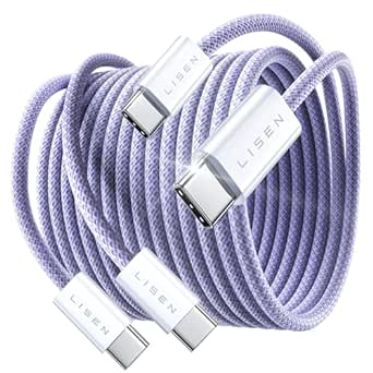 LISEN 240W USB C to USB C Cable, USBC to USBC Type C Charger Fast Charging Cable Cord for iPhone16 Pro Max 15 Plus MacBook Pro iPad Pro Samsung S24 Compatible 140W/100W/60W,6.6ft 6.6ft/2 Pack/Purple