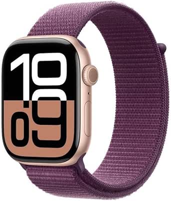 Apple Watch Series 10 (GPS 46 mm) Smartwatch mit Aluminiumgehäuse in Roségold und Sport Loop in Pflaume (One Size). Fitnesstracker, EKG App, Always-On Retina Display, CO₂ neutral