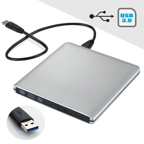 Tabiger USB 3.0 Ultra Slim Portable External CD RW/ DVD RW/CD ROM/ DVD ROM Drive/Writer/Rewriter/Burner for Laptops, Desktops and Notebooks-Silver