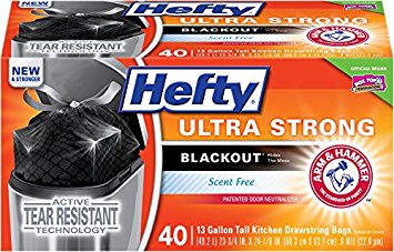 Hefty Ultra Strong Blackout Trash Bags (Scent Free, Tall Kitchen Drawstring, 13 Gallon, 40 Count) - Fits All Simplehuman Size J Cans