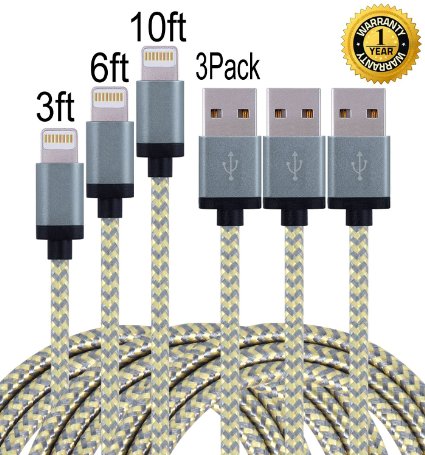 IFaxnn 3pcs 3FT 6FT 10FT Lightning Cable Premium Popular Nylon Braided Charging Cable Extra Long USB Cord for iphone 6s, 6s plus, 6plus, 6,5s 5c 5,iPad Mini, Air,iPad5,iPod (gold gray).