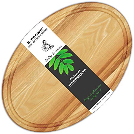 B.Brown LARGE Wood OVAL Cutting Board With Juice Groove For Kitchen 17.5x11.5 inches From Natural HARDWOOD For Use As: Butcher Block