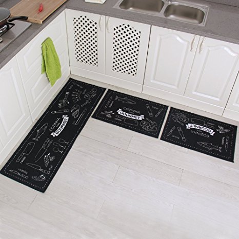 Carvapet 3 Piece Non-Slip Kitchen Mat Rubber Backing Doormat Runner Rug Set, Cozinha Design (Black 15"x47" 15"x23")
