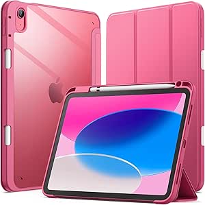 JETech Case for iPad 10 (10.9-Inch, 2022 Model, 10th Generation) with Pencil Holder, Clear Transparent Back Shell Slim Stand Shockproof Tablet Cover, Auto Wake/Sleep (Pink)