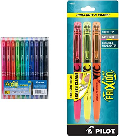 PILOT FriXion Clicker Erasable, Refillable & Retractable Gel Ink Pens, Fine Point, 10-Pack Pouch (11336) & FriXion Light Erasable Highlighters, Chisel Tip, Assorted Color Inks, 3-Pack (46507)