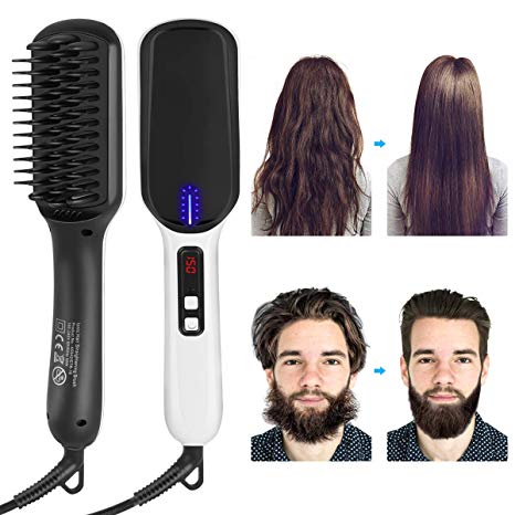 XREXS Ionic Hair Straightening Brush, Medium & Long Beard Straightener Comb, Quick Hair Styler for Men and Women, Portable Ceramic Fast Heating Dual Voltage Hair Brush for Home or Travel