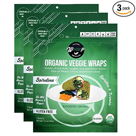 WrawP Organic Mini Veggie Wraps - SPIRULINA (3 pack) SHELF STABLE, All Natural, Gluten Free, Paleo, Raw Vegan. Perfect for Wraps, flat bread, snack, chips