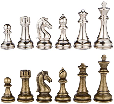 Neptune Silver and Bronze Metal Chess Pieces with 3.5 Inch King and Extra Queens, Pieces Only, No Board