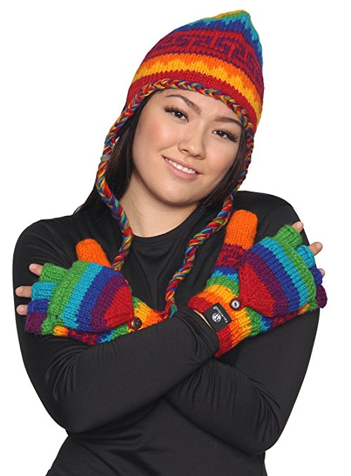 KayJayStyles Nepal Hand Knit Ear flaps Beanie Ski Wool Hat & Glove Mitten Set