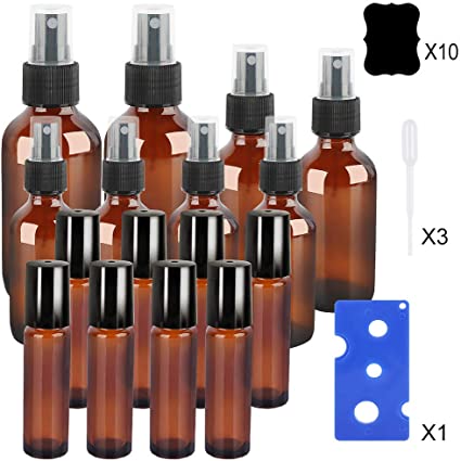 Amber Glass Spray Bottles & Glass Roller Bottles Set Refillable Container for Essential Oils, Cleaning Products, or Aromatherapy.4 oz x 2, 2 oz x 2,1 oz x 4,10 ml Glass Roller Bottles x 8.