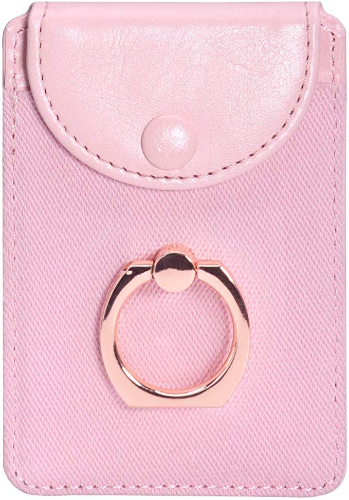 Finger Ring and Cell Phone Stick on Wallet Card Holder Phone Pocket for iPhone, Ultra-Slim Self Adhesive Credit Card Holder Wallet Cell Phone Leather Wallet Grip Kickstand for Phone (Finger Ring Pink)