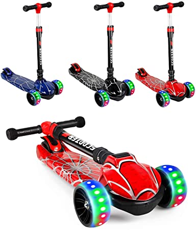 SISIGAD Kids Scooter, Toddler Scooter with 3 Wheel Scooter for Boy and Girls, Foldable Scooter with Flashing Wheels Height Adjustable Safety Brake for Kids Ages 3-10 (Spider Web)