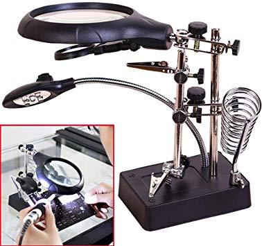 Buqikma 2.5X 7.5X 10X LED Light Helping Hands Magnifier Station,Desktop Magnifier with LED Light Magnifying Glass Stand with Clamp and Alligator Clips (Black)