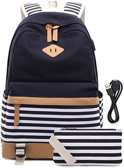 Canvas Backpack Girls Stripe School Bookbag Women College Backpack With USB Port Black