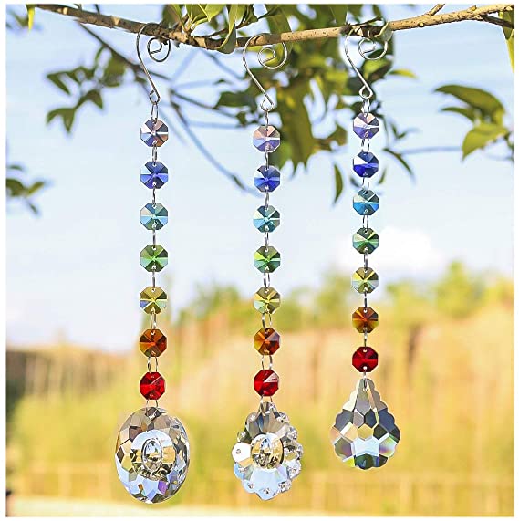 H&D Glass Crystal Oval Prism Rainbow Maker Chakra Hanging Suncatcher Window Sun Cacther with Ocatgon Beads for Gift,Pack of 3