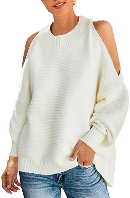 PRETTYGARDEN Women's Loose Batwing Sleeve Baggy Solid Crewneck Cold Shoulder Pullover Sweater Knit Jumper Tops