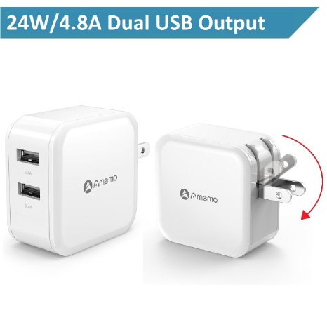 Amemo 4.8A 24W Dual USB Travel Wall Charger with Foldable Plug for iPhone SE / 6s / 6 / 6 Plus, iPad Air 2 / Pro / mini 3, Galaxy S7 / S7 Edge / S6 / S6 Edge / Edge , Note 5, LG G5 and More,White
