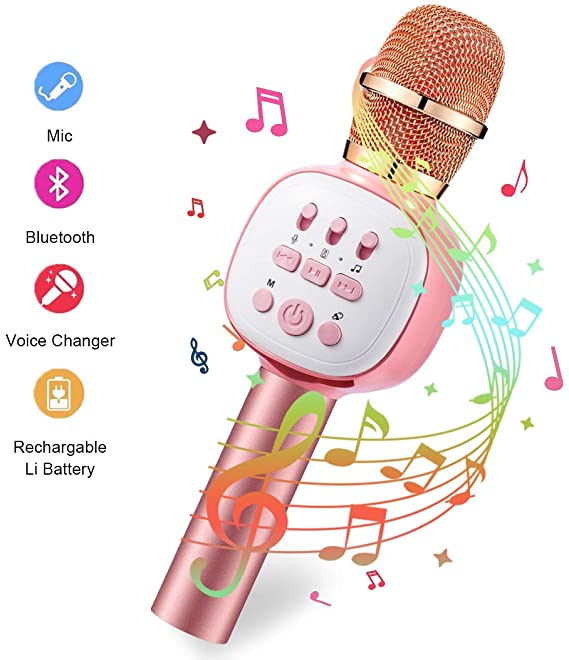 Wireless Bluetooth Karaoke Microphone with LED Lights,Portable Handhld Karaoke Mic for Kids Adult Girls Boys Home Party Gift Music Player Speaker Singing Machine for iPhone/Android Phone Anyoug Pink