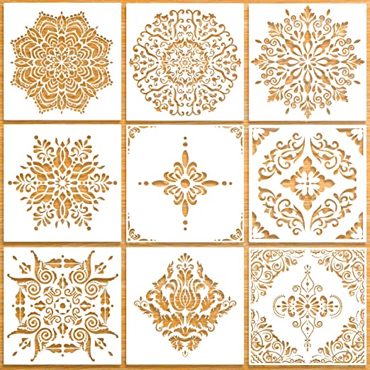(12x12 Inch) Large Reusable Stencil Mandala Stencil Laser Cut Painting Template for Floor Wall Tile Fabric Furniture Stencils Painting Art Projects, 9 Pack