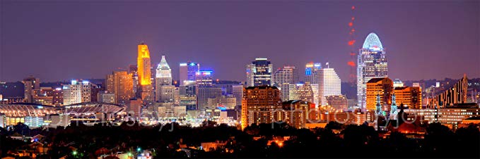 Cincinnati Skyline PHOTO PRINT UNFRAMED NIGHT Color City Downtown 11.75 inches x 36 inches Photographic Panorama Poster Picture Standard Size