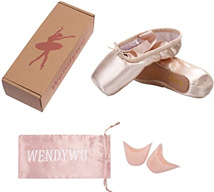 WENDYWU Professional Ballet Slipper Dance Shoe Pink Ballet Pointe Shoes with Toe Pad Protector for Girls Women