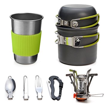 Odoland Camping Cookware Kit Lightweight Stove and Stainless Steel Cup, Fork Knife Spoon Kit and Multi-functional Carabiner for Backpacking, Outdoor Camping Hiking and Picnic