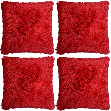 Adore 4 x Super Soft Faux Fur Cushion Cover Covers Cuddly Shaggy 43x43cm, Red