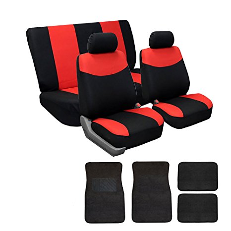FH GROUP FH-FB056112   C14403 Combo Set: Red Modern Flat Cloth Seat Covers and Black Carpet Floor Mats